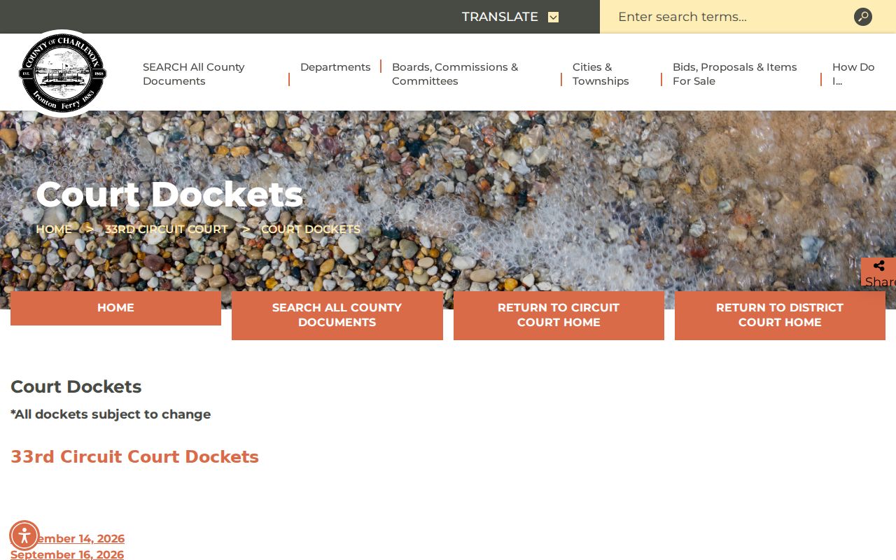Charlevoix County outstanding warrants: court docket links page with a warning that dockets change