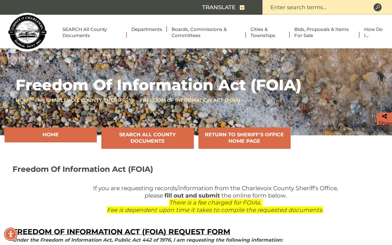 Charlevoix County warrant lookup: Sheriff FOIA request form fields and fee notice