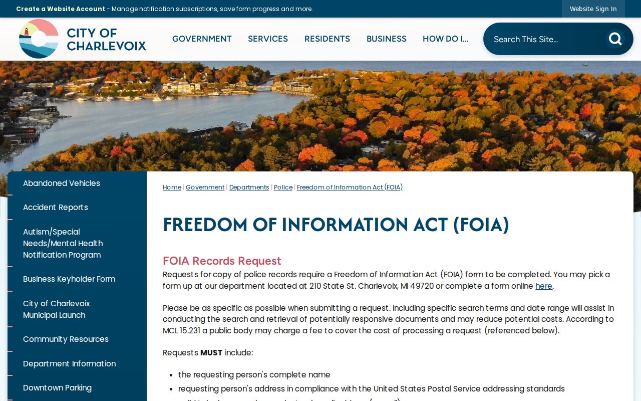 Charlevoix warrant search: city police FOIA instructions and fee deposit notes
