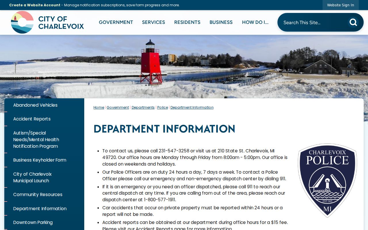 Charlevoix warrant search: city page stating prisoners are housed at the county jail