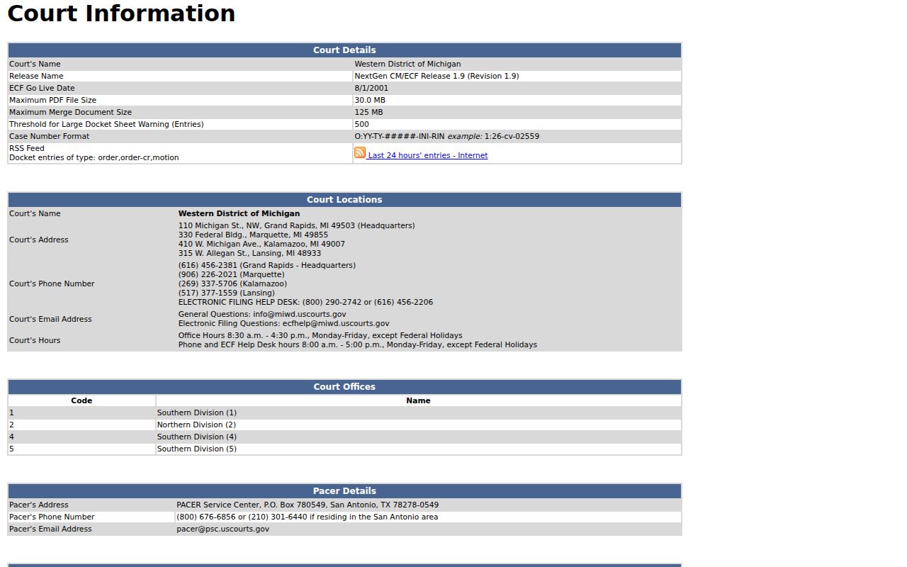 Charlevoix County warrant records: Western District of Michigan electronic court information page