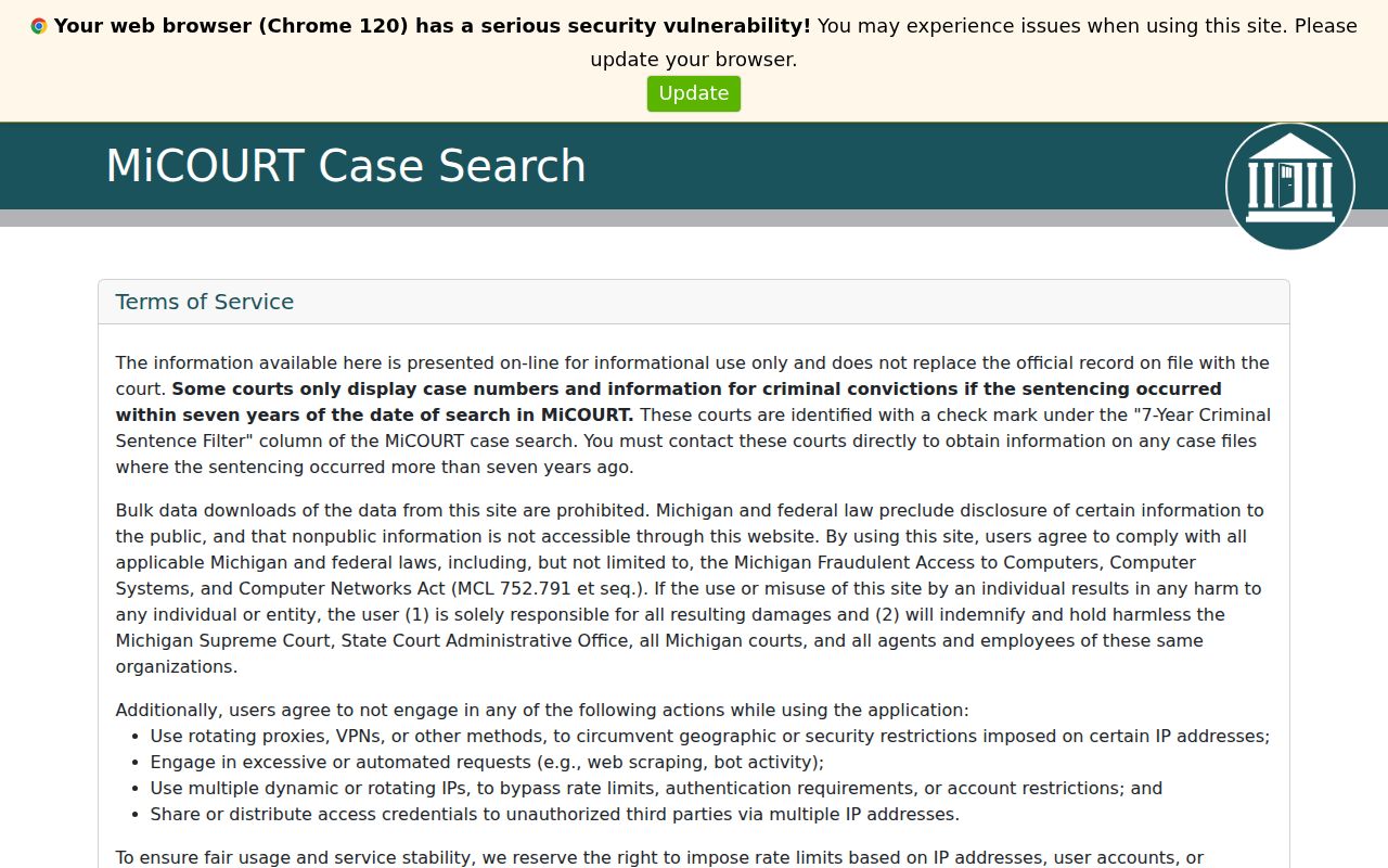 Charlevoix County warrant lookup: MiCOURT name and case number search page