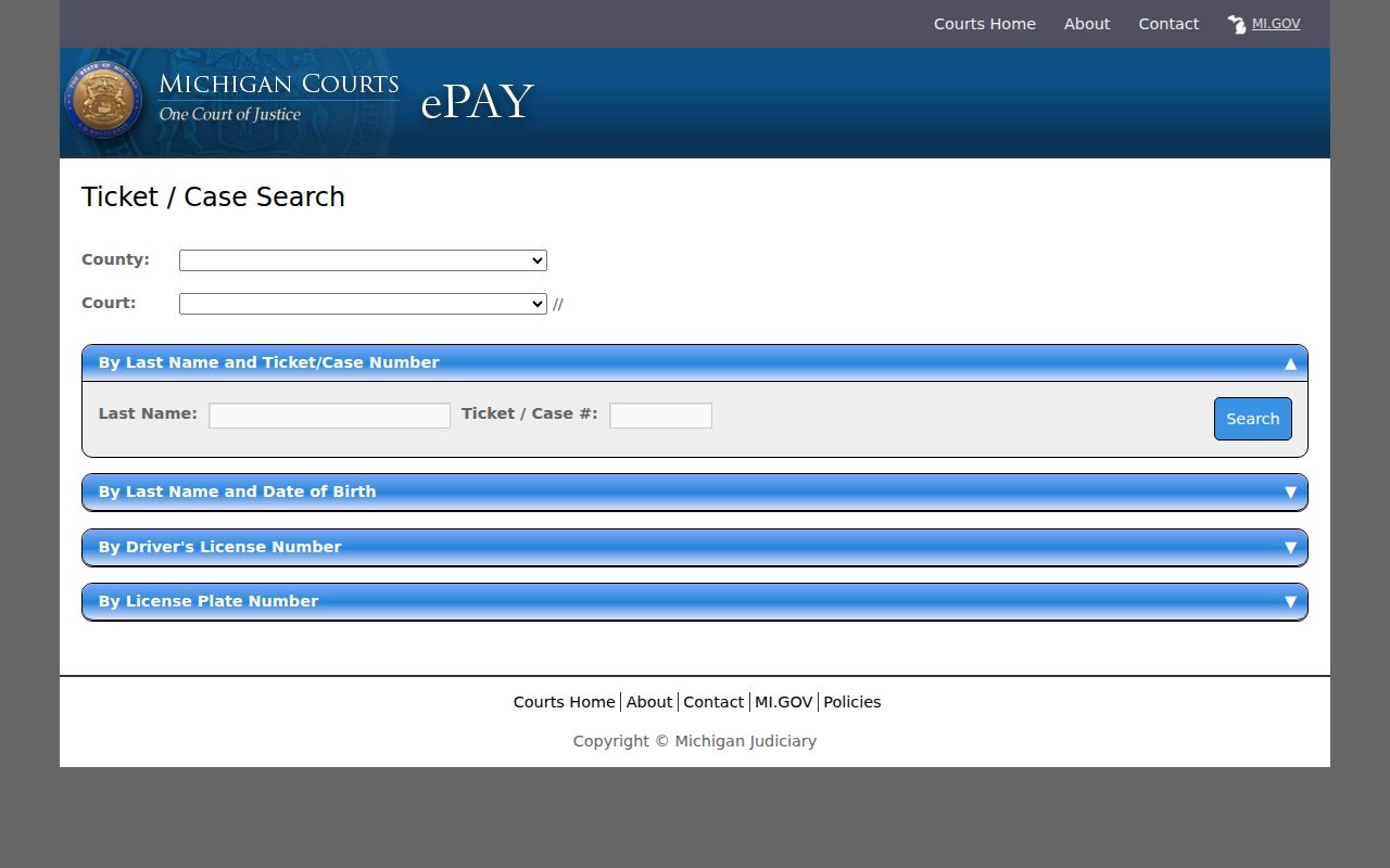 Charlevoix County traffic warrant search: PayTix ticket search options page